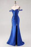 Royal Blue Off The Shoulder Mermaid Corset Ruched Long Prom Dress with Slit