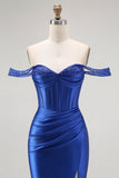 Royal Blue Off The Shoulder Mermaid Corset Ruched Long Prom Dress with Slit