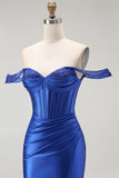 Royal Blue Off The Shoulder Mermaid Corset Ruched Long Prom Dress with Slit