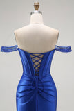 Royal Blue Off The Shoulder Mermaid Corset Ruched Long Prom Dress with Slit