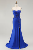 Royal Blue Strapless Mermaid Beaded Corset Prom Dress with Slit