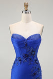 Royal Blue Strapless Mermaid Beaded Corset Prom Dress with Slit