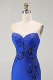 Royal Blue Strapless Mermaid Beaded Corset Prom Dress with Slit