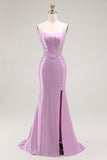 Purple Mermaid Corset Spaghetti Straps Appliqued Long Prom Dress with Slit
