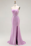 Purple Mermaid Corset Spaghetti Straps Appliqued Long Prom Dress with Slit