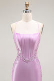 Purple Mermaid Corset Spaghetti Straps Appliqued Long Prom Dress with Slit