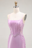 Purple Mermaid Corset Spaghetti Straps Appliqued Long Prom Dress with Slit