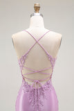 Purple Mermaid Corset Spaghetti Straps Appliqued Long Prom Dress with Slit