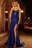Royal Blue Mermaid Strapless Corset Beaded Lace Up Back Long Prom Dress with Slit