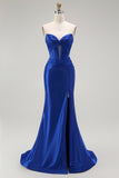 Royal Blue Mermaid Strapless Corset Beaded Lace Up Back Long Prom Dress with Slit