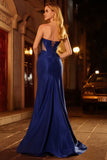Royal Blue Mermaid Strapless Corset Beaded Lace Up Back Long Prom Dress with Slit