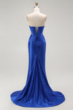 Royal Blue Mermaid Strapless Corset Beaded Lace Up Back Long Prom Dress with Slit