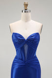 Strapless Royal Blue Beaded Mermaid Corset Long Prom Dress with Slit