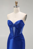 Strapless Royal Blue Beaded Mermaid Corset Long Prom Dress with Slit