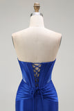 Strapless Royal Blue Beaded Mermaid Corset Long Prom Dress with Slit