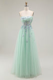 Green A-Line Strapless Appliqued Tulle Long Prom Dress with Sequins