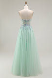 Green A-Line Strapless Appliqued Tulle Long Prom Dress with Sequins