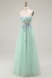 Green A-Line Strapless Appliqued Tulle Long Prom Dress with Sequins