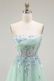 Green A-Line Strapless Appliqued Tulle Long Prom Dress with Sequins