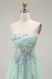 Green A-Line Strapless Appliqued Tulle Long Prom Dress with Sequins