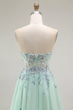 Green A-Line Strapless Appliqued Tulle Long Prom Dress with Sequins