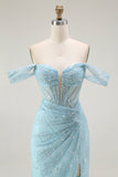 Blue Off The Shoulder Lace Mermaid Corset Sequins Prom Dress with Slit