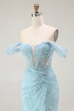 Blue Off The Shoulder Lace Mermaid Corset Sequins Prom Dress with Slit