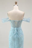 Blue Off The Shoulder Lace Mermaid Corset Sequins Prom Dress with Slit