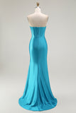 Royal Blue Mermaid Strapless Corset Ruffled Long Prom Dress with Slit