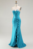 Royal Blue Mermaid Strapless Corset Ruffled Long Prom Dress with Slit
