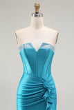 Royal Blue Mermaid Strapless Corset Ruffled Long Prom Dress with Slit