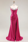Fuchsia Sweetheart Mermaid Beaded Corset Long Prom Dress with Side Slit