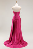 Fuchsia Sweetheart Mermaid Beaded Corset Long Prom Dress with Side Slit