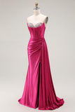 Fuchsia Sweetheart Mermaid Beaded Corset Long Prom Dress with Side Slit
