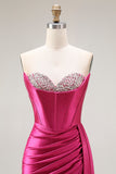 Fuchsia Sweetheart Mermaid Beaded Corset Long Prom Dress with Side Slit