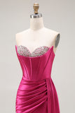 Fuchsia Sweetheart Mermaid Beaded Corset Long Prom Dress with Side Slit