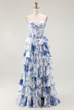 White Blue Flower A-Line Corset Spaghetti Straps Long Prom Dress with Ruffles