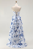 White Blue Flower A-Line Corset Spaghetti Straps Long Prom Dress with Ruffles