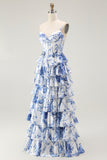 White Blue Flower A-Line Corset Spaghetti Straps Long Prom Dress with Ruffles