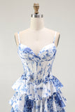 White Blue Flower A-Line Corset Spaghetti Straps Long Prom Dress with Ruffles