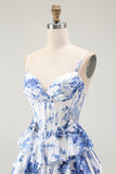 White Blue Flower A-Line Corset Spaghetti Straps Long Prom Dress with Ruffles
