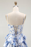 White Blue Flower A-Line Corset Spaghetti Straps Long Prom Dress with Ruffles