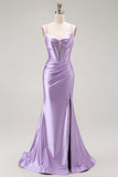 Purple Mermaid Spaghetti Straps Beaded Corset Long Prom Dress with Slit