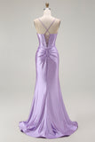 Purple Mermaid Spaghetti Straps Beaded Corset Long Prom Dress with Slit