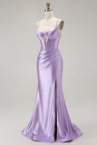 Purple Mermaid Spaghetti Straps Beaded Corset Long Prom Dress with Slit