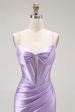 Purple Mermaid Spaghetti Straps Beaded Corset Long Prom Dress with Slit