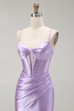 Purple Mermaid Spaghetti Straps Beaded Corset Long Prom Dress with Slit