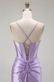 Purple Mermaid Spaghetti Straps Beaded Corset Long Prom Dress with Slit