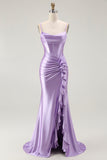 Purple Mermaid Corset Spaghetti Straps Long Prom Dress with Slit