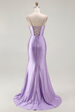 Purple Mermaid Corset Spaghetti Straps Long Prom Dress with Slit